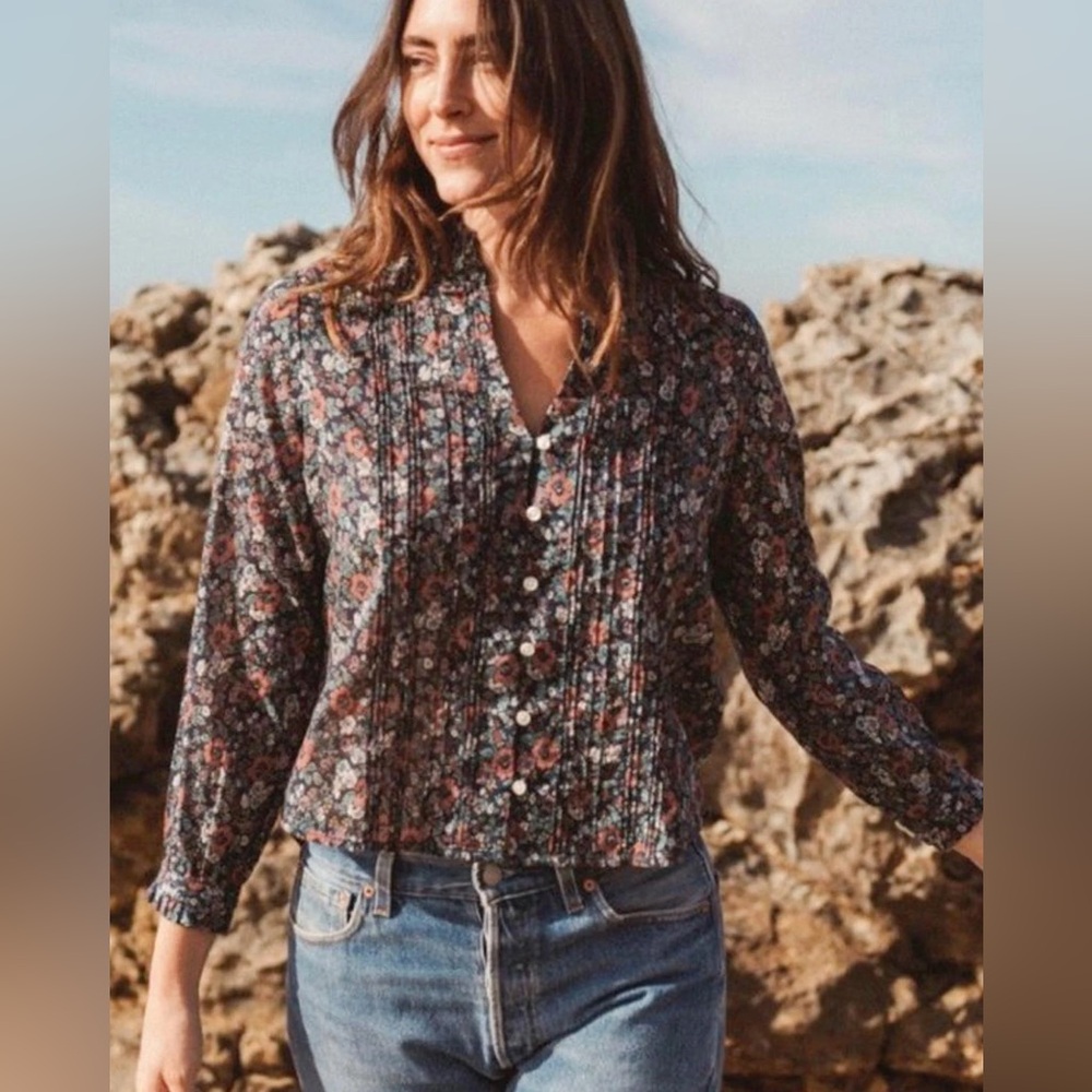 Trovata Dark Floral Pintuck Button Front Blouse